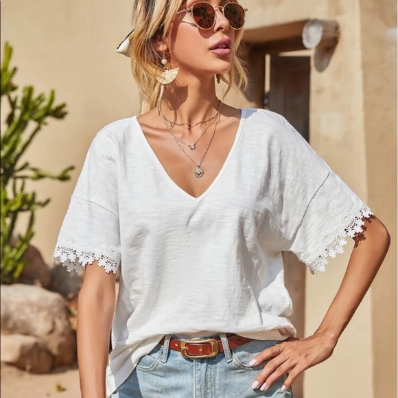 WHITE LACE INSERT DROP SHOULDER TEE - Picture 5 of 7